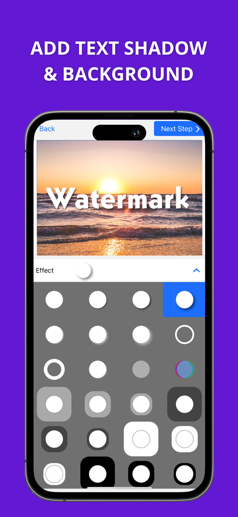 Watermarkly ― Watermark Maker - Interface of the Watermarkly app showing a sunset photo with a text watermark and various shadow and background effects for selection.