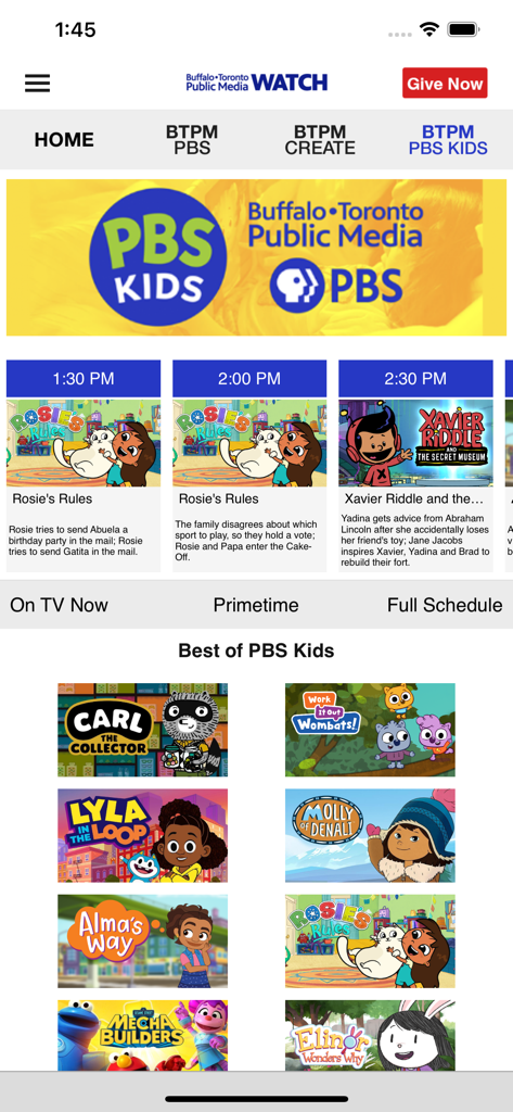 Interface do aplicativo BTPM Watch mostrando a programação da televisão PBS Kids e programas educacionais em destaque.