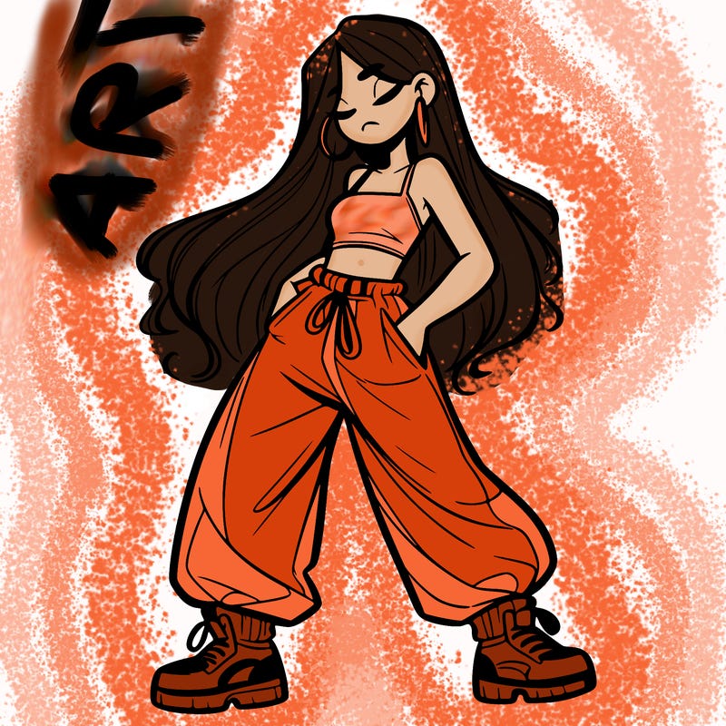 girl in baggy pants crop top and long hair