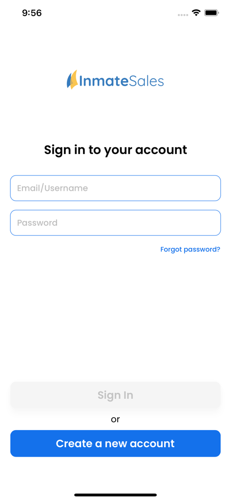 InmateSales - InmateSales app login screen with sign in fields and create account button