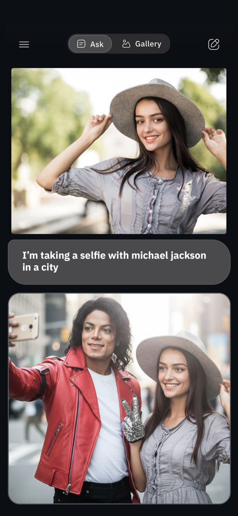 A woman using the Gimin AI app to create a selfie with Michael Jackson using a text prompt