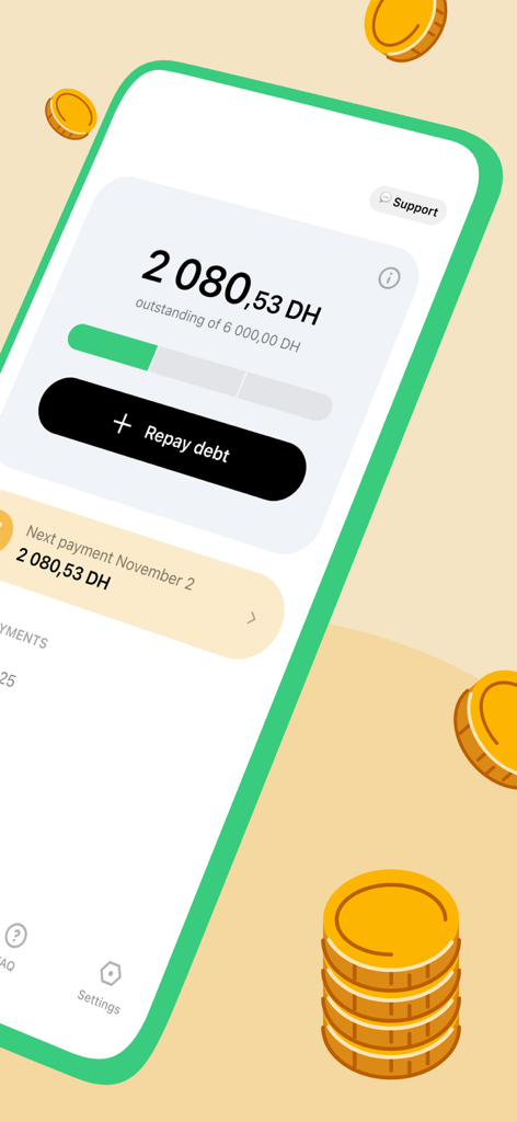 Credit+: Personal Loan App - Credit Plus app interface displaying the outstanding loan balance and a repayment button on a smartphone screen.