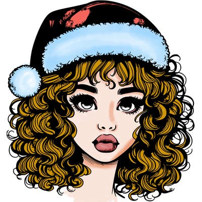 realistic girl with a santa hat curly hair and lips