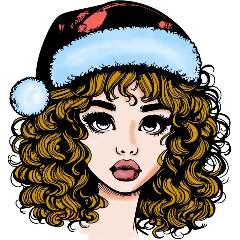 realistic girl with a santa hat curly hair and lips