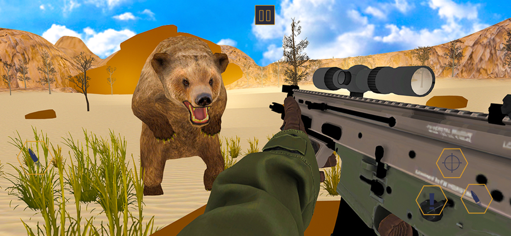 Deer Hunter Animal Simulator - Vista en primera persona de un jugador cazando un oso grizzly con un rifle de francotirador