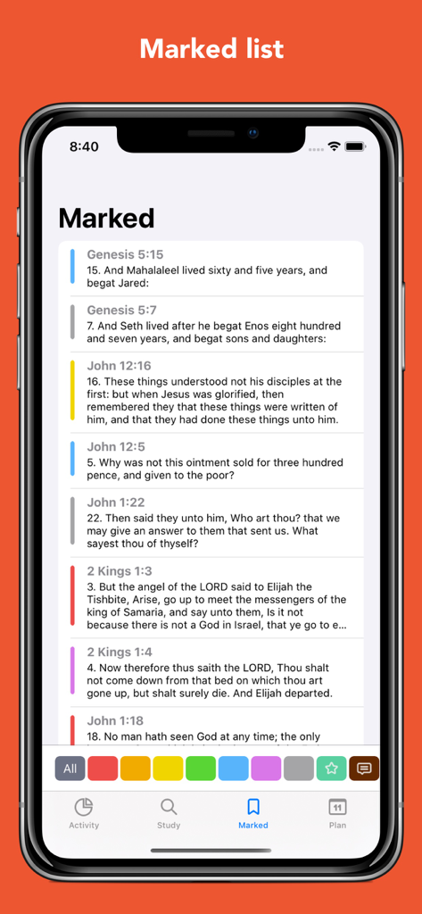 IPhone screen displaying a list of marked Bible verses with color-coded highlights in the Bible InspiringLife app.