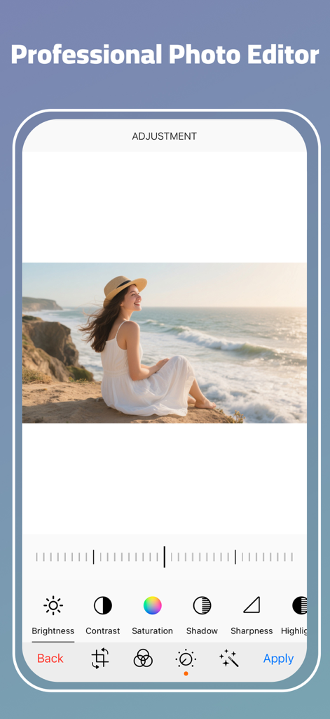 Collage Maker - AI Polaroid - Interface of a professional photo editor showing brightness and saturation adjustment tools with a woman by the sea