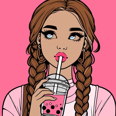 realistic girl with braided hair drinking boba