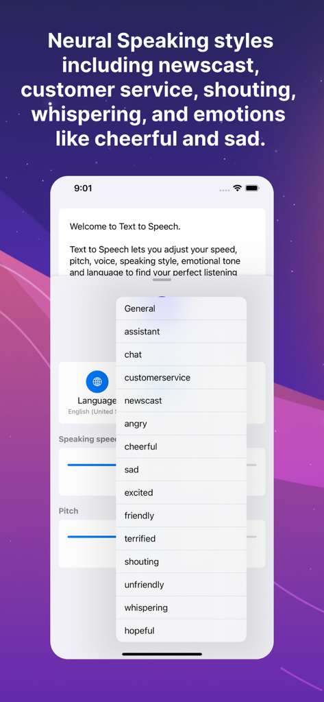Text to Speech: Voice Reader - Interfaz de la aplicación Texto a Voz que muestra varios estilos de voz neuronal y tonos emocionales
