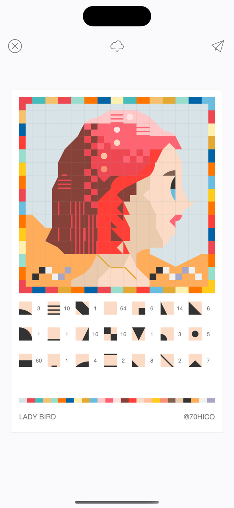 New Pixels - New Pixels 앱에서 제작된 'Lady Bird'라는 제목의 여성 기하학적 픽셀 아트 초상화.