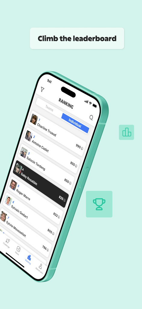 OuiLive - La pantalla de clasificación de la aplicación OuiLive muestra la tabla de clasificación individual con nombres y puntuaciones.
