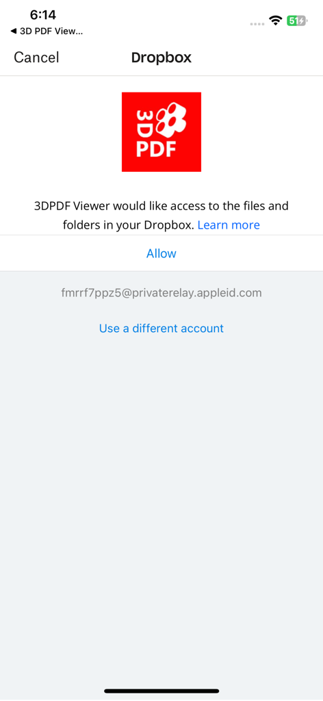 Dropbox authorization screen for the 3D PDF Viewer app
