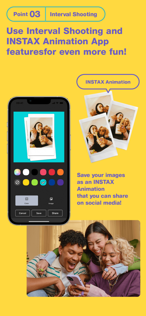 INSTAX Pal - A group of three friends looking at a phone screen displaying the INSTAX Pal app animation and interval shooting features