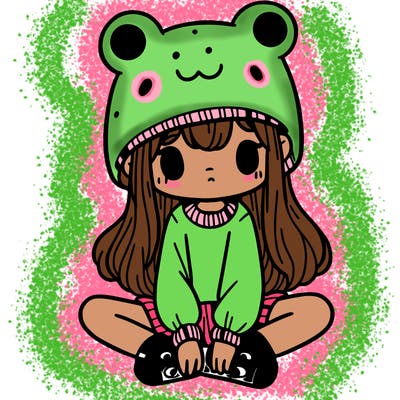 a girl wearing a frog hat and some frog socks
