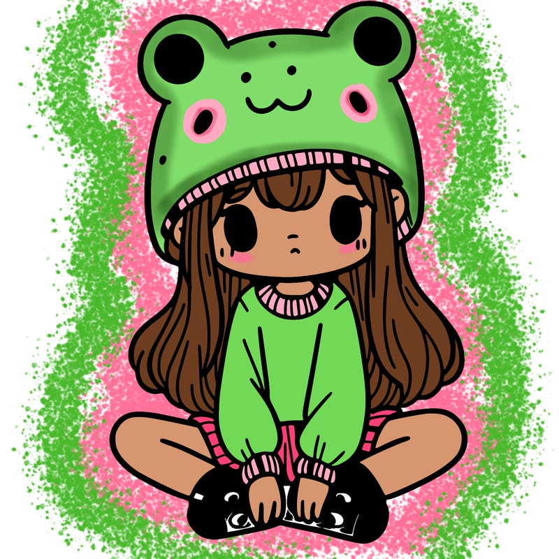 a girl wearing a frog hat and some frog socks