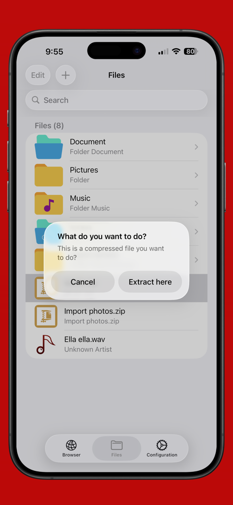 File Manager Explorer - eFiles - Interfaz de la aplicación eFiles que muestra la extracción de archivos zip en iPhone