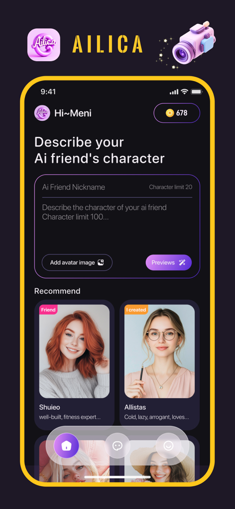 Mobile app screen for creating and customizing an AI friend character in Ailica