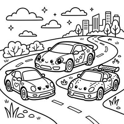 Discover the delightful fusion of speed and cuteness with our Kawaii Sports Cars coloring page. These high-performance vehicles are transformed into charming characters, ready for your artistic touch.