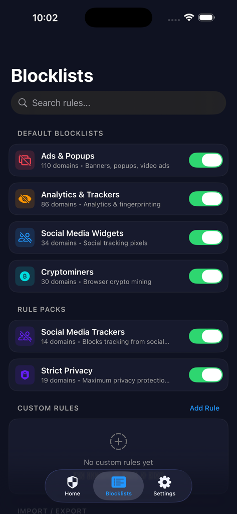 Project Ad Block - The blocklists screen of the Project Ad Block app showing toggles for ads trackers and social media widgets