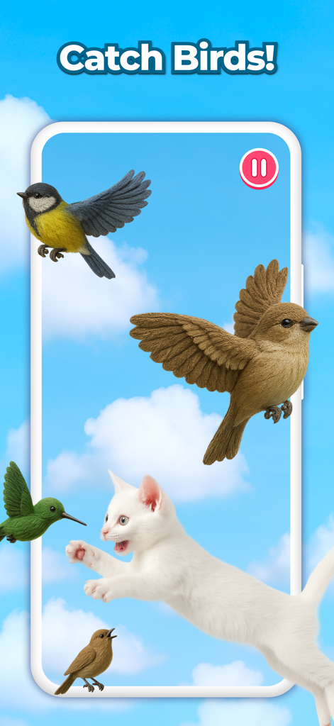 Un chaton blanc sautant pour attraper des oiseaux dans un jeu mobile pour chats