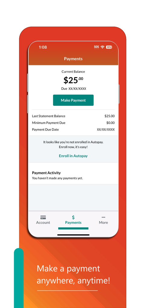 Blaze Mastercard Mobile - Blaze Mastercard Mobile app payments screen showing account balance and make payment button