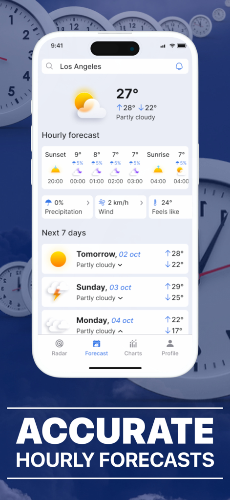 Local Weather Radar - SkyNow - Interfaz de la aplicación SkyNow mostrando pronósticos meteorológicos horarios precisos y un pronóstico semanal para Los Ángeles.