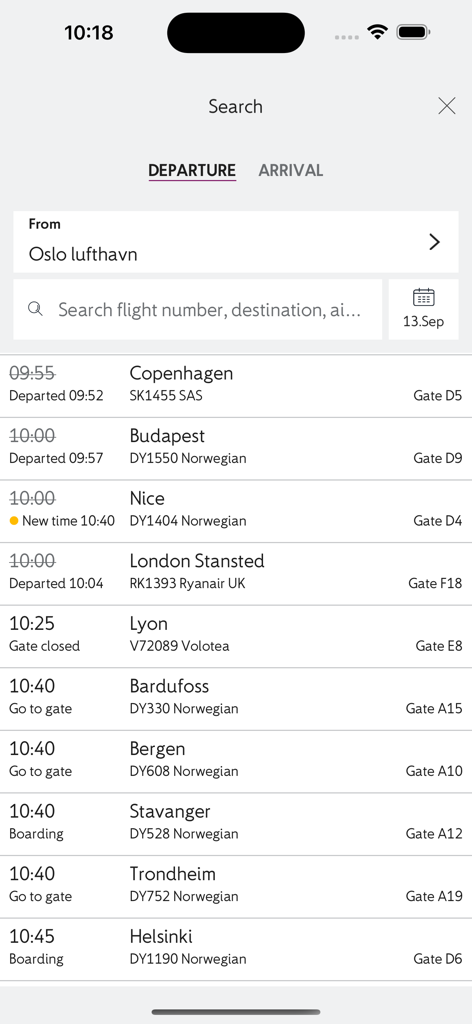 Echtzeit-Abflugliste für den Flughafen Oslo in der Avinor-App mit Zielen wie London und Bergen mit Gate-Status.