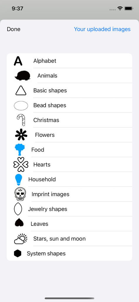 3D Cookie Cutter - A menu of shape categories in the 3D Cookie Cutter app including animals flowers and holiday themes