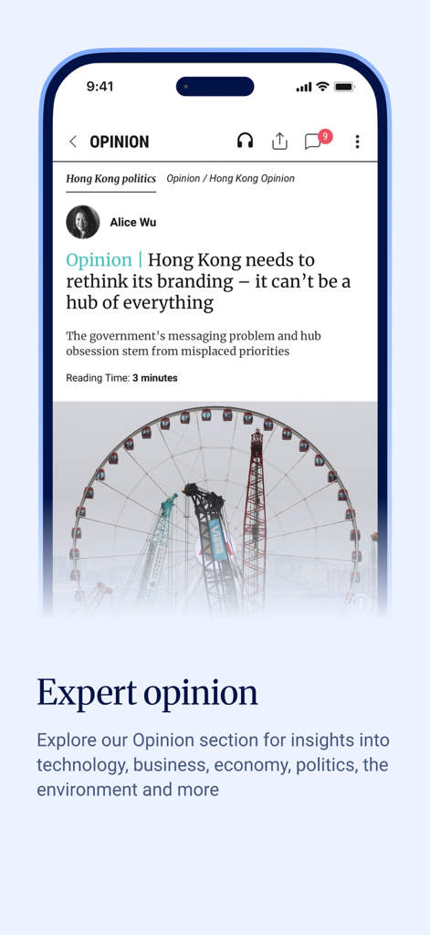 South China Morning Post: News - SCMP app screen showing the expert opinion section with a featured article about Hong Kong politics.