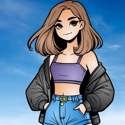 a realistic girl with a crop top and short shorts in an open jacket