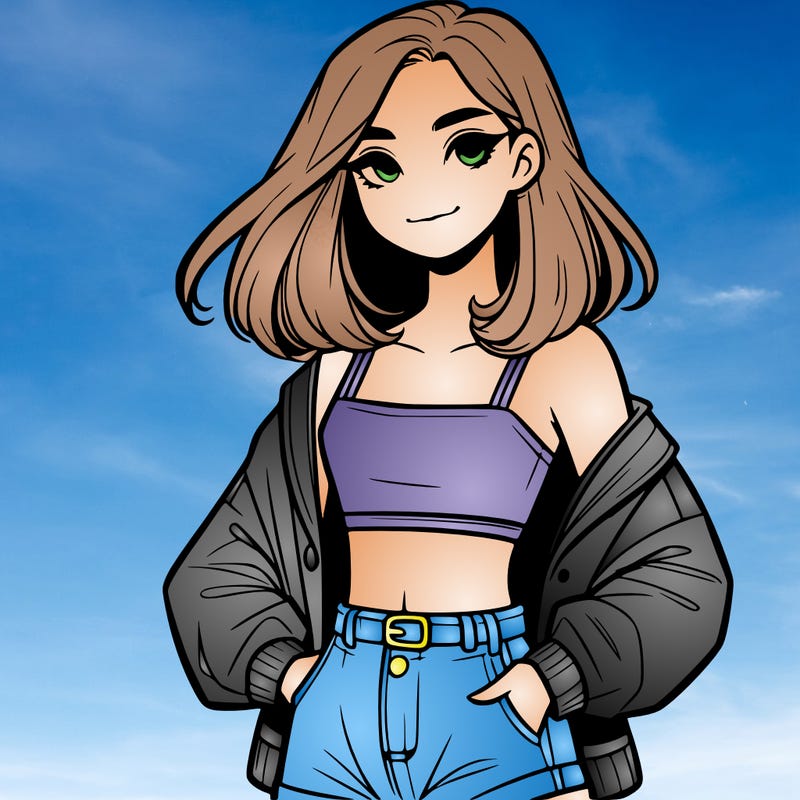 a realistic girl with a crop top and short shorts in an open jacket