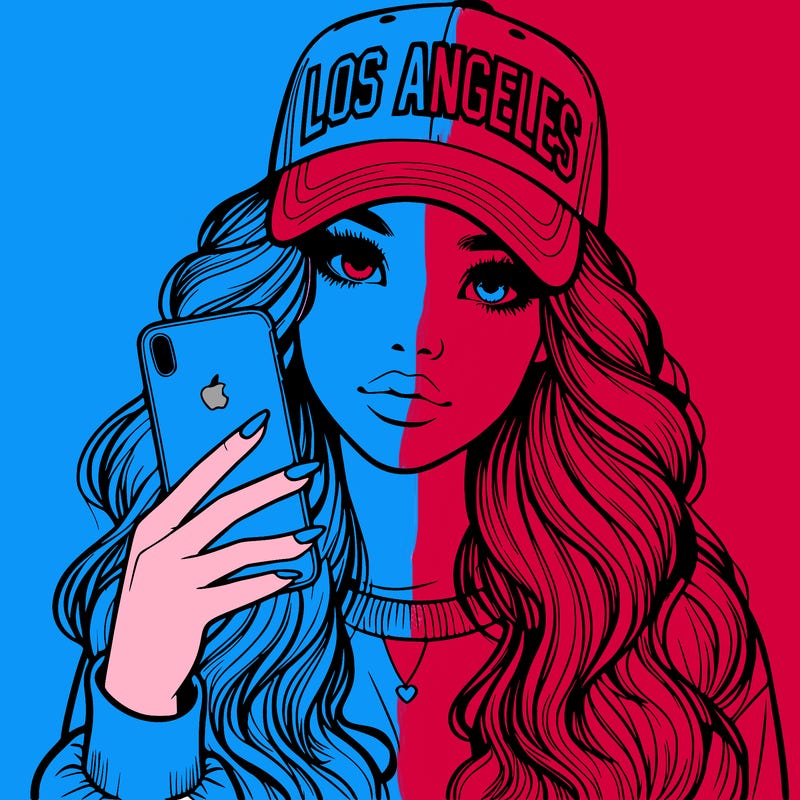 realistic beautiful girl wearing los ángeles cap holding an iphone