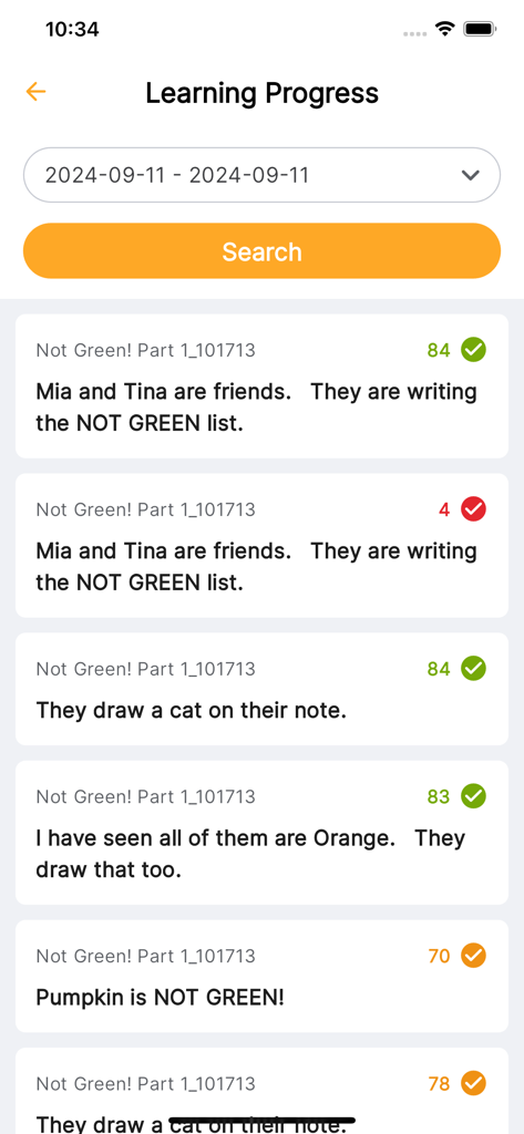 EZTalking AI English Learning - Bildschirm der EZTalking KI App, der den Lernfortschritt mit Bewertungen und Evaluierungen für englische Sprechübungen zeigt