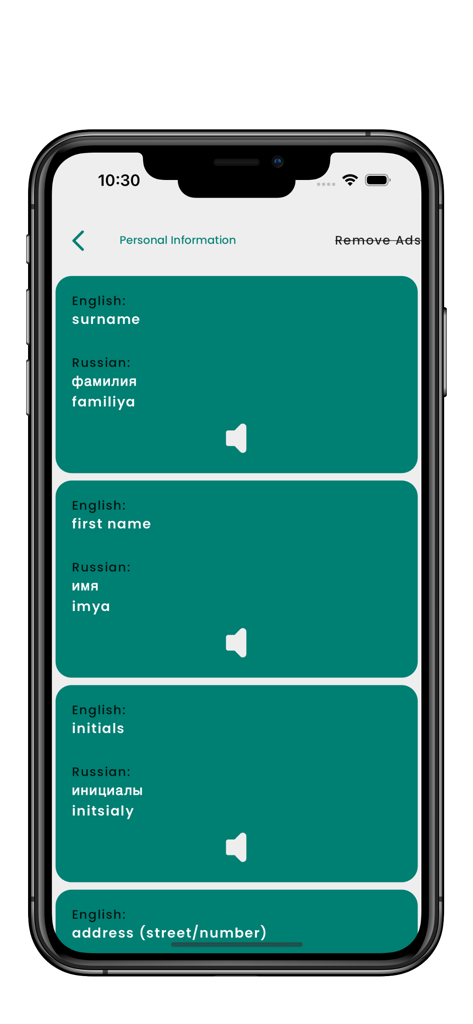 Learn Russian Language Offline - Russian language learning app screen showing personal information flashcards in English and Russian