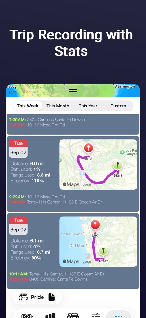 Stats -- For your Tesla - Trip recording interface in the Stats for Tesla app showing route maps and detailed driving efficiency data.