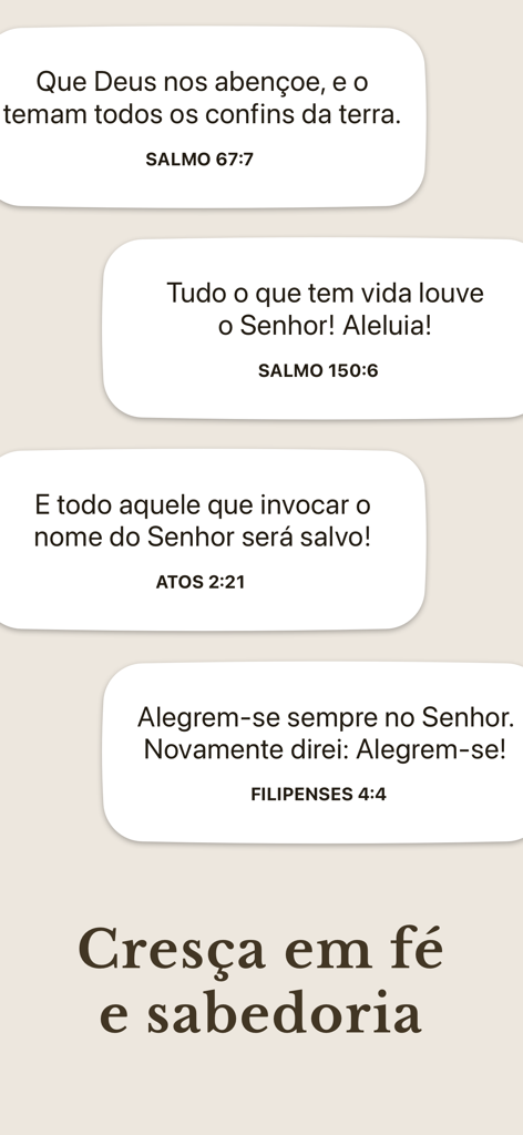 Versículo do Dia - Biblinho - Versículos bíblicos en portugués mostrados en tarjetas limpias dentro de la aplicación móvil Biblinho.