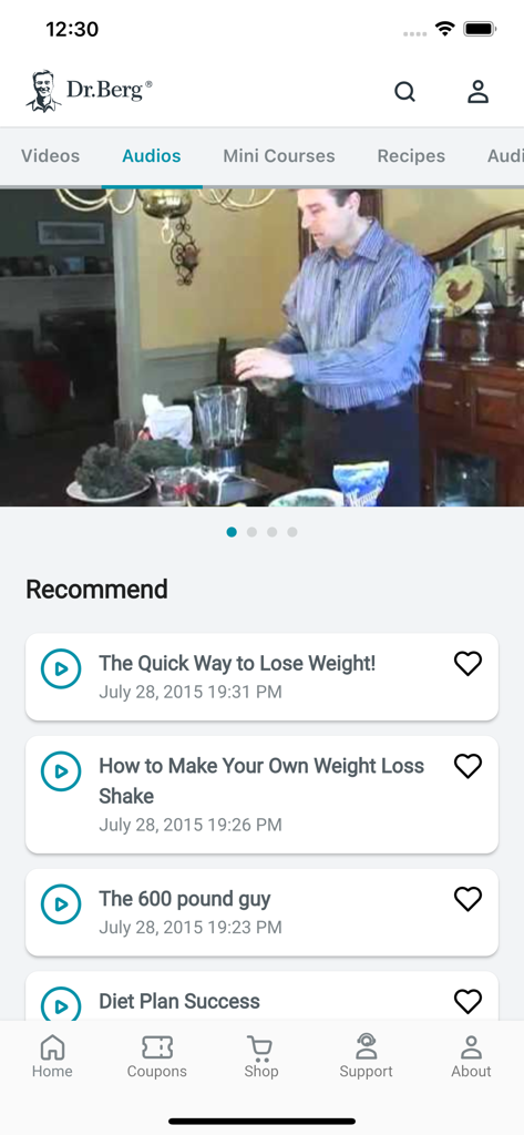 Dr. Berg - Dr Berg app audios screen showing health and weight loss educational content