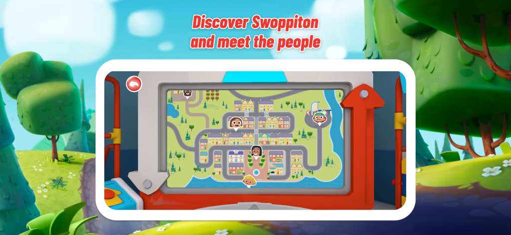 Meet Mojo Swoptops - Colorful map of Swoppiton town showing character locations in the Meet Mojo Swoptops app