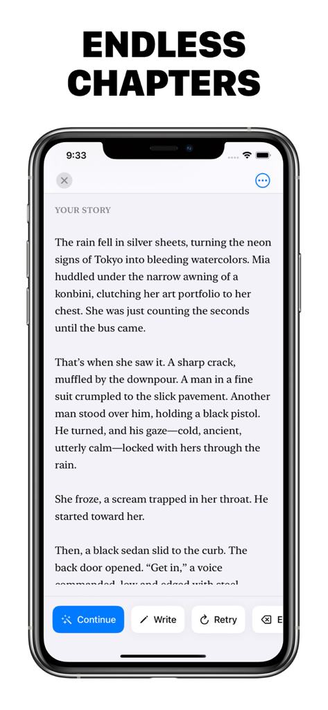 Fanfics - A smartphone screen showing a story reading interface in the Fanfics app under the headline Endless Chapters