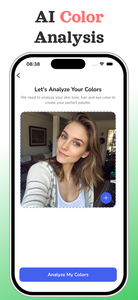 Color Analysis AI & Palette - AI Color Analysis app interface showing a selfie upload screen to determine seasonal color palettes