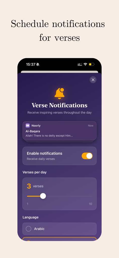 Schnittstelle zur Planung täglicher Koranvers-Benachrichtigungen in der Noorly-App