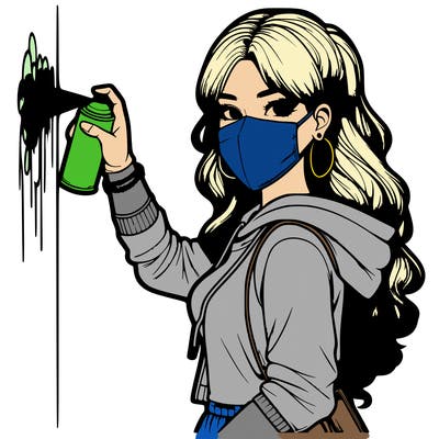 realistic girl with mask spray painting a wall