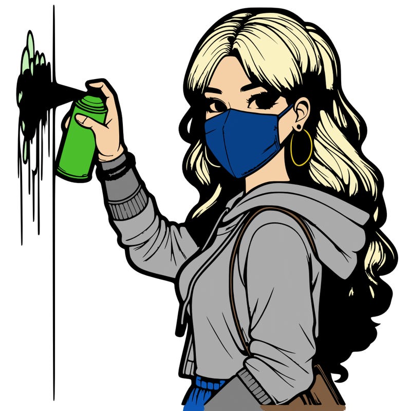 realistic girl with mask spray painting a wall