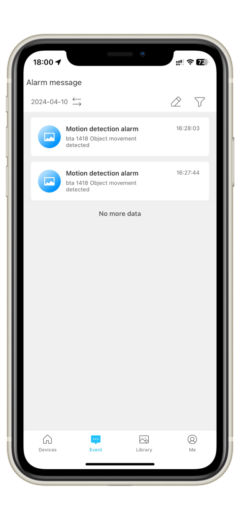 Hopeway - Hopeway app displaying motion detection alarm messages and security alerts