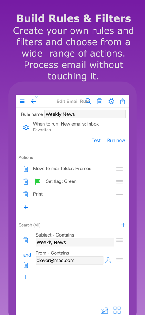 Interface of the AltaMail app showing the email rules and filters creation screen with automated actions.