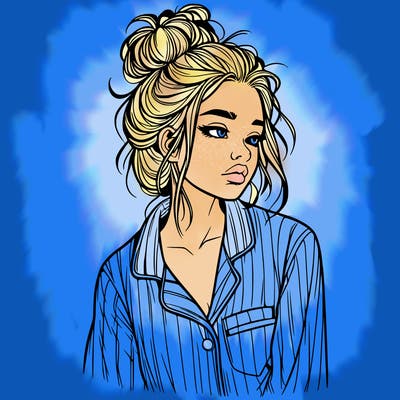 realistic woman with pajamas on and a messy bun