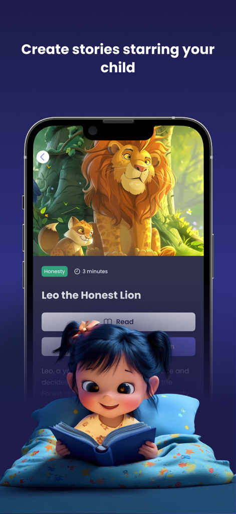 A smartphone showing the AI Storyteller app with a story called Leo the Honest Lion and a young girl reading in bed
