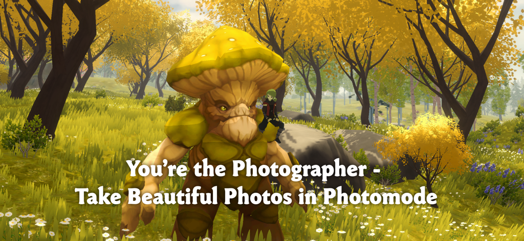 A large golem with a yellow mushroom head standing in a sunny meadow from the game Wilderless.