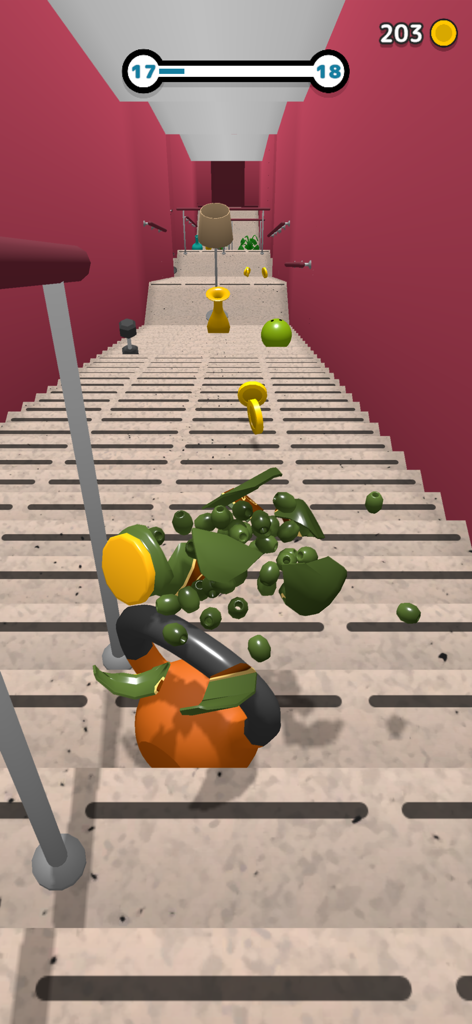 Rolling Down Bottles - A green glass bottle shattered on a staircase with coins and obstacles in the game Rolling Down Bottles
