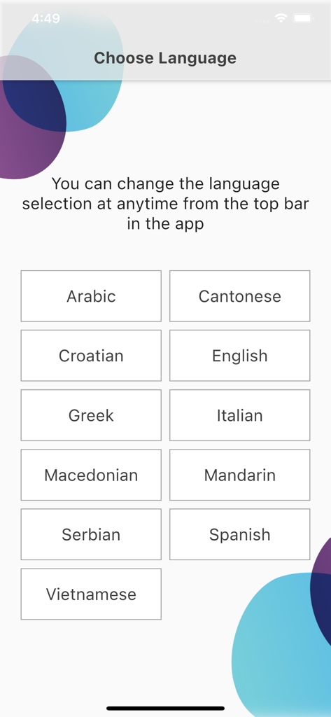 CALD Assist - Pantalla de selección de idioma en la aplicación CALD Assist que enumera los once idiomas disponibles.